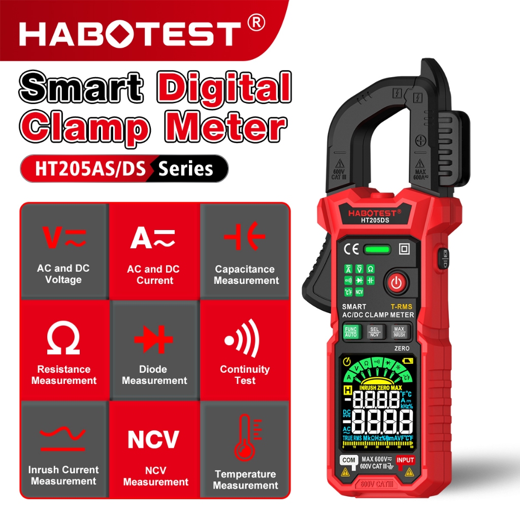 HABOTEST HT205AS/DS Digital Clamp Multimeter 600A AC/DC Current and ...
