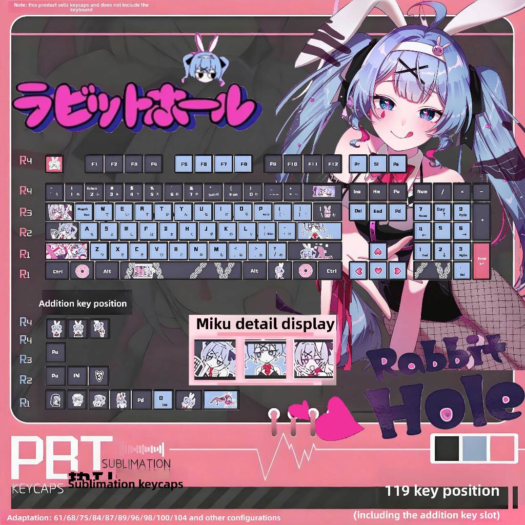 Hatsune Miku Rabbit Hole Anime 2D PBT 4-Side Translucent Keycaps, Fit ...