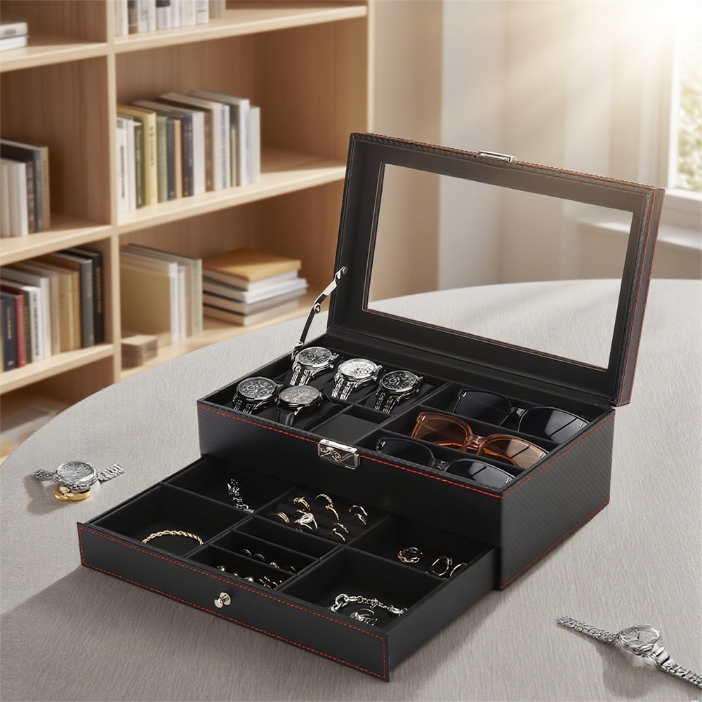 Watch Box for Men 6 Slot Mens Watch Case With Drawer Watch Display Case ...