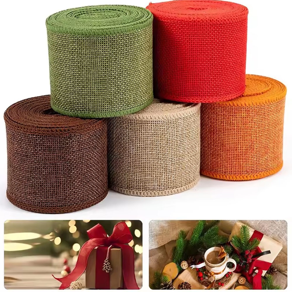 3M/Roll Burlap Wired Ribbon Roll Natural Jute Wrapping Burlap Ribbon ...