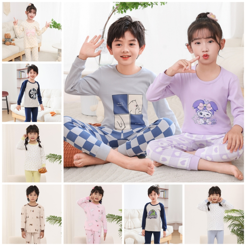 【LF】Kids Long Sleeve Pajamas Set 100-160cm Cotton Boys Girls Loungewear ...
