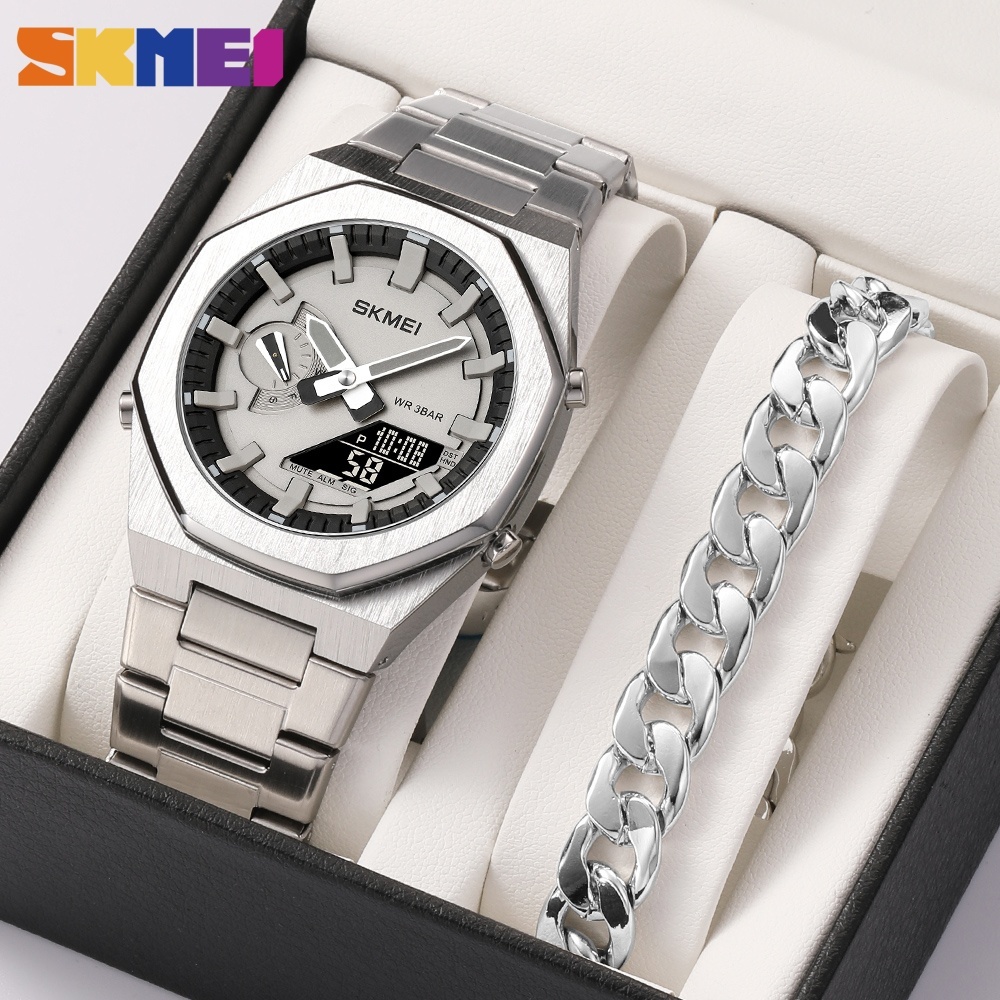 【Free Gifts】SKMEI metal fashion dual-time display digital LED luminous  watch Men's and Women's sports watch jam tangan lelaki