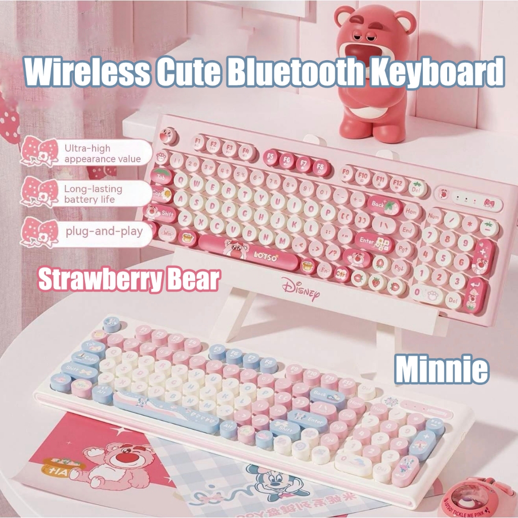 Strawberry Bear Minnie Wireless Cute Bluetooth Keyboard for Girls Pink ...