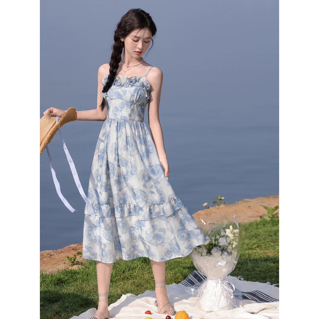 Women's Baby Blue Korean Style Chiffon Dress - Plus Size, Casual Summer  Halter Neckline | Shopee Malaysia