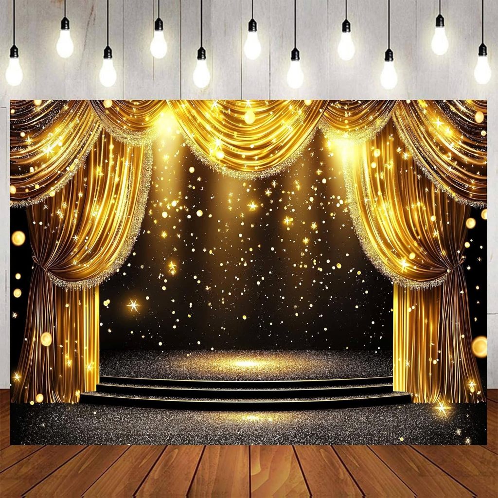 7x5ft Black and Gold Party Decoration Photo Backdrop Gold Stage ...