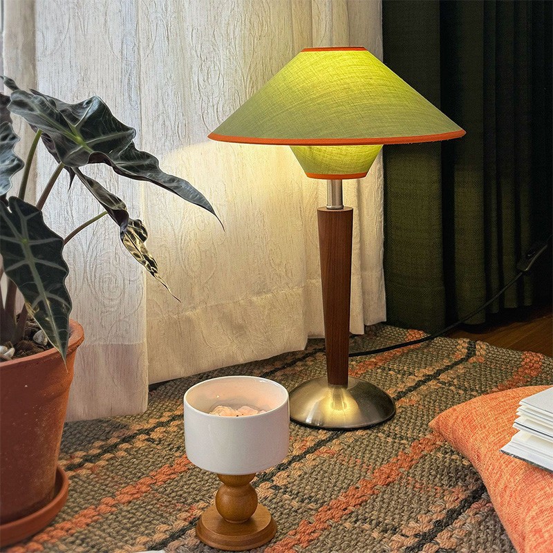 Retro Minimalist LED Solid Wood Table Lamp Green Fabric Umbrella-shaped ...