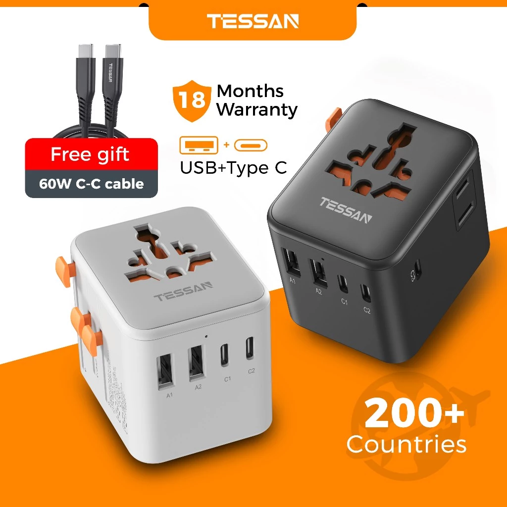 TESSAN Universal Travel Adapter with USB+Type C,International Plug Charger Adaptor for TH KR ID TW