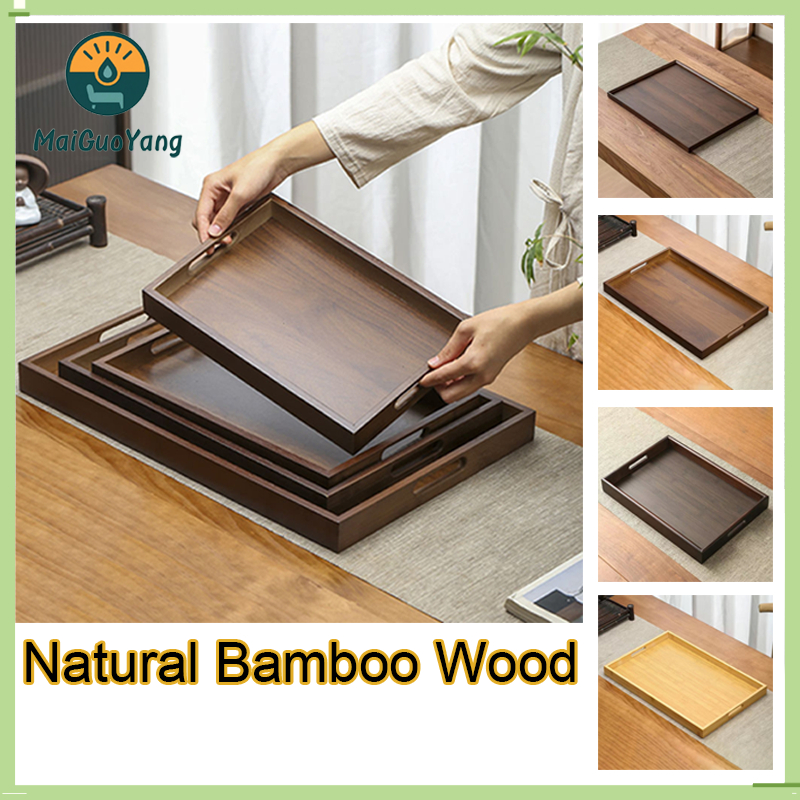 Hot Sale Bamboo Wooden Serving Tray with Handle Rectangular Food Tray ...
