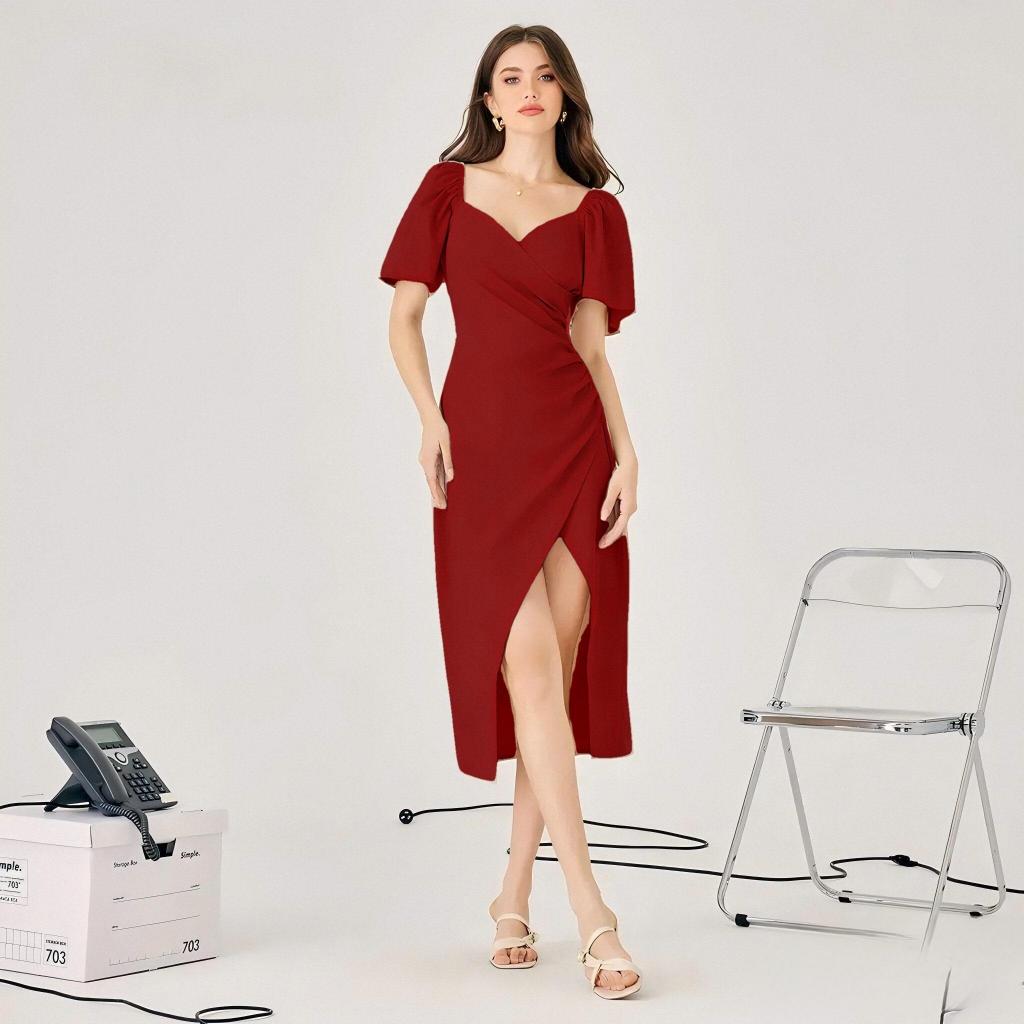 Korean Style Birthday Casual Fitted Red Midi Dress - Plus Size | Shopee  Malaysia
