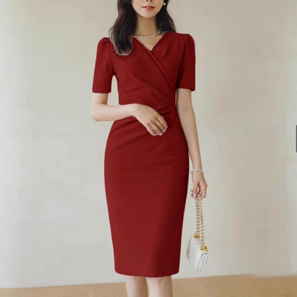 Korean Style Birthday Casual Fitted Red Midi Dress - Plus Size