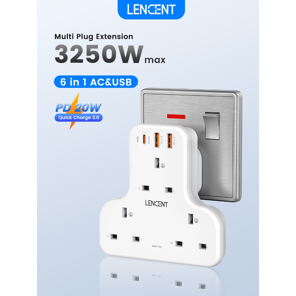 LENCENT Multi Plug Extension, 3 Way 3 Plugs Socket adapter, 6-in-1 Cube ...