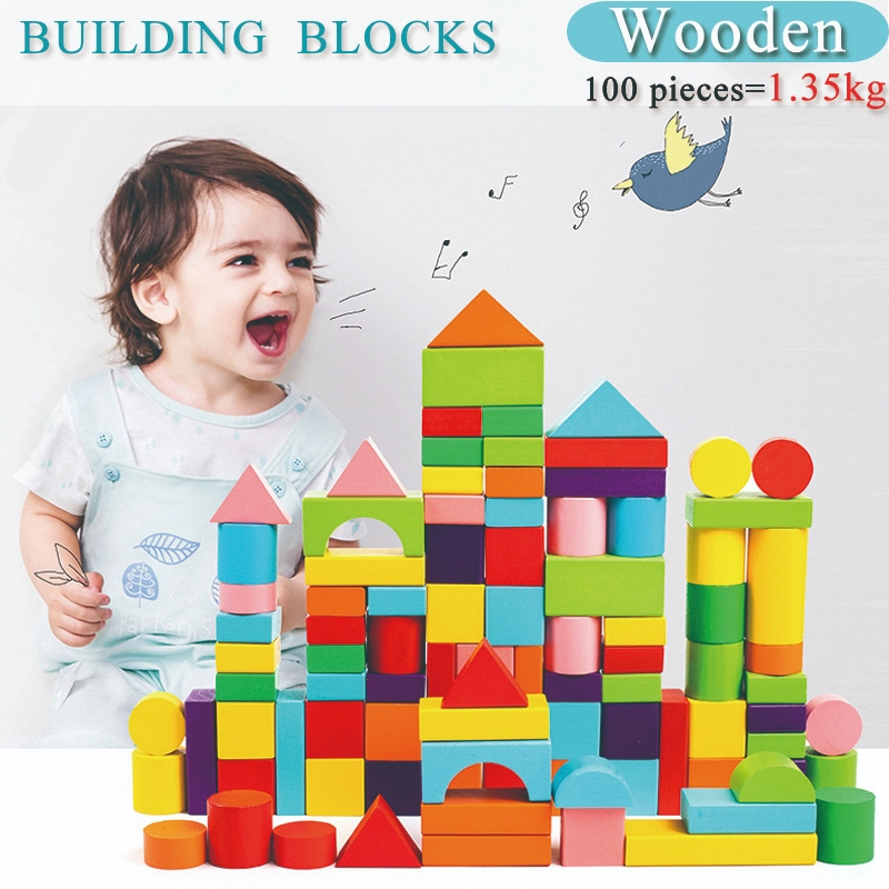 100 Piece Wooden Building Block Set Bricks 积木 礼物 Mainan Budak Lelaki ...