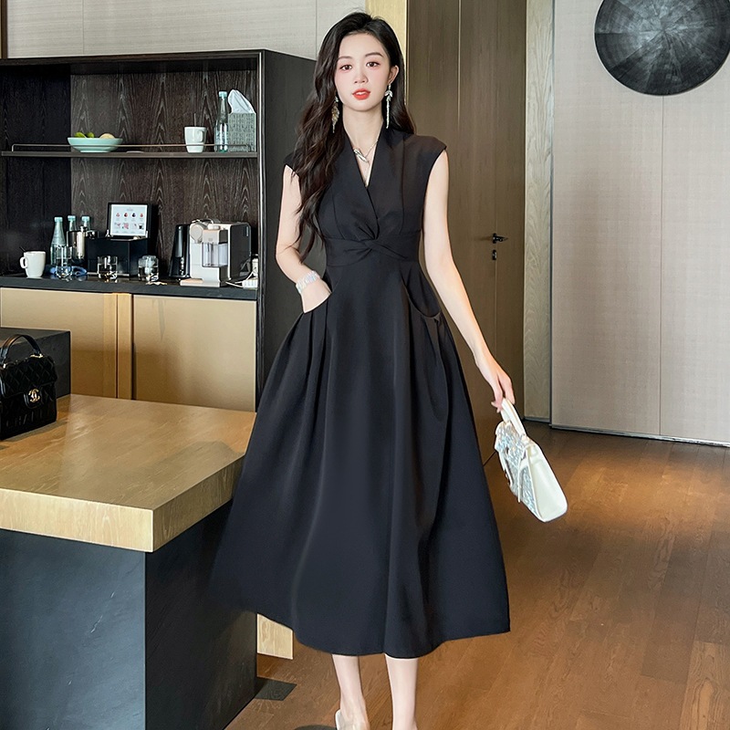 Plain Black Plus Size Casual Elegant Retro Korean Style Long Dress