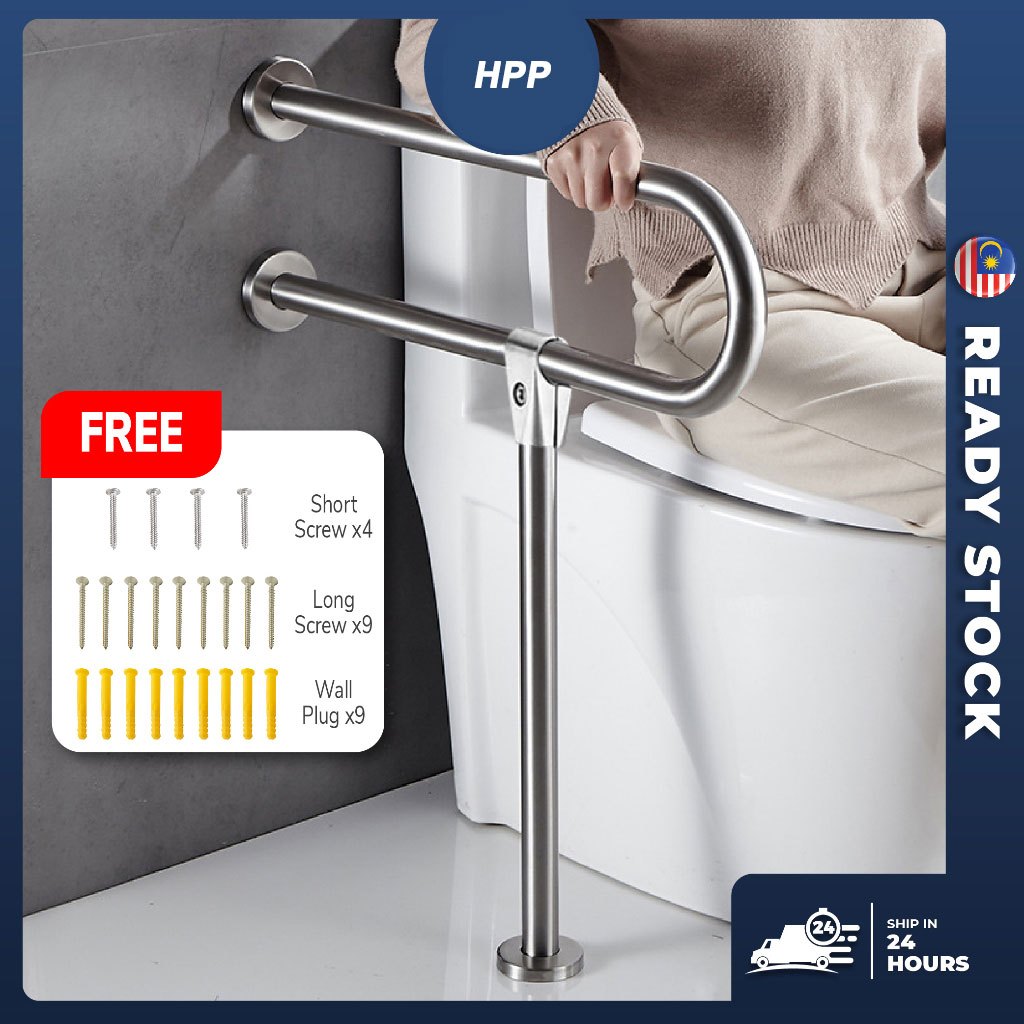 (304) Stainless Steel L Stand Floor Bathroom Toilet Safety Grab Bar U ...