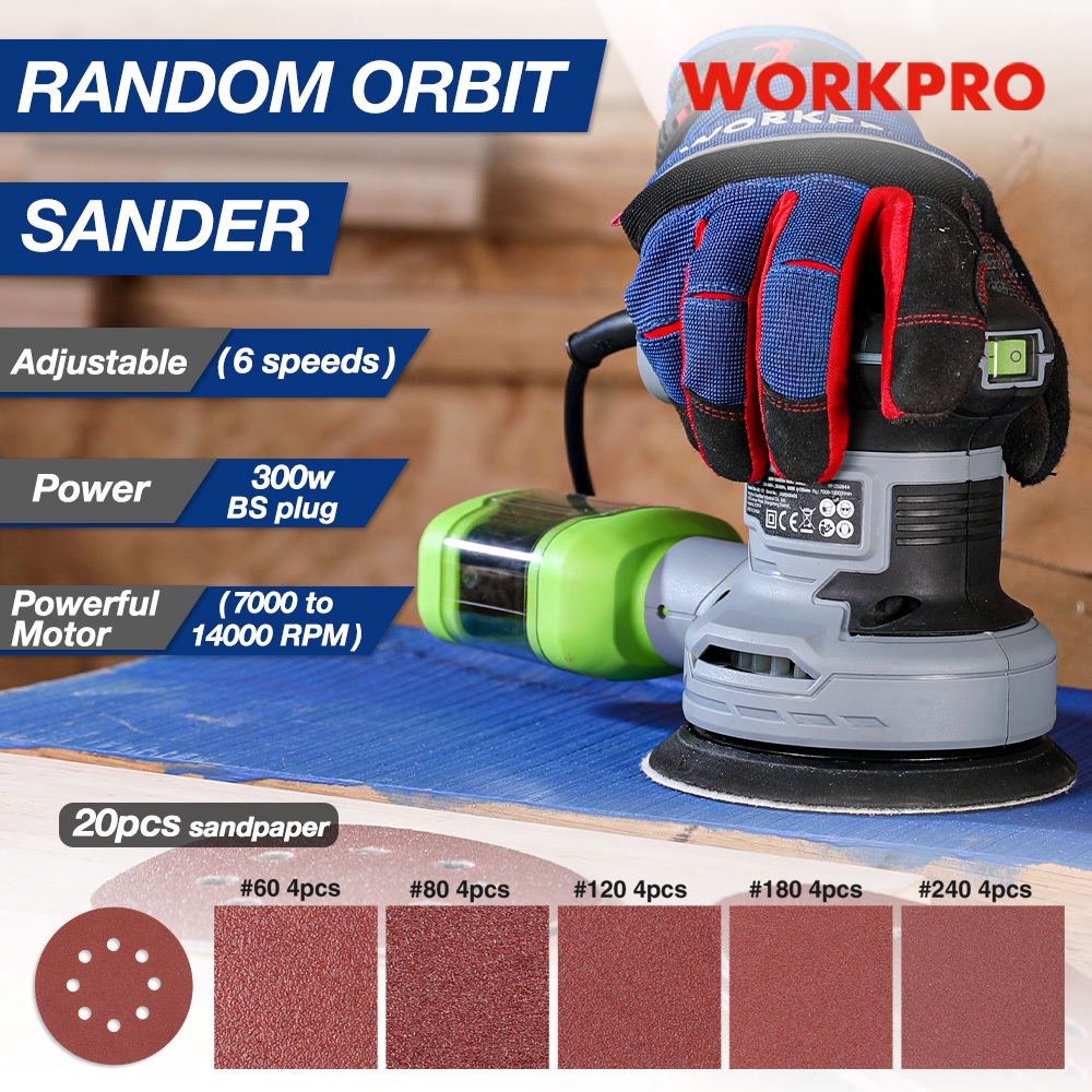WORKPRO 12.5cm Random Orbit Sander 6 Variable Speeds 7000 to 13000 RPM ...