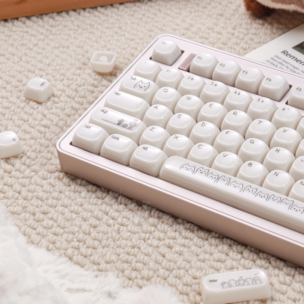 Minimalist Kitty white Glossy Keycaps MOA profile Ceramic texture Round ...