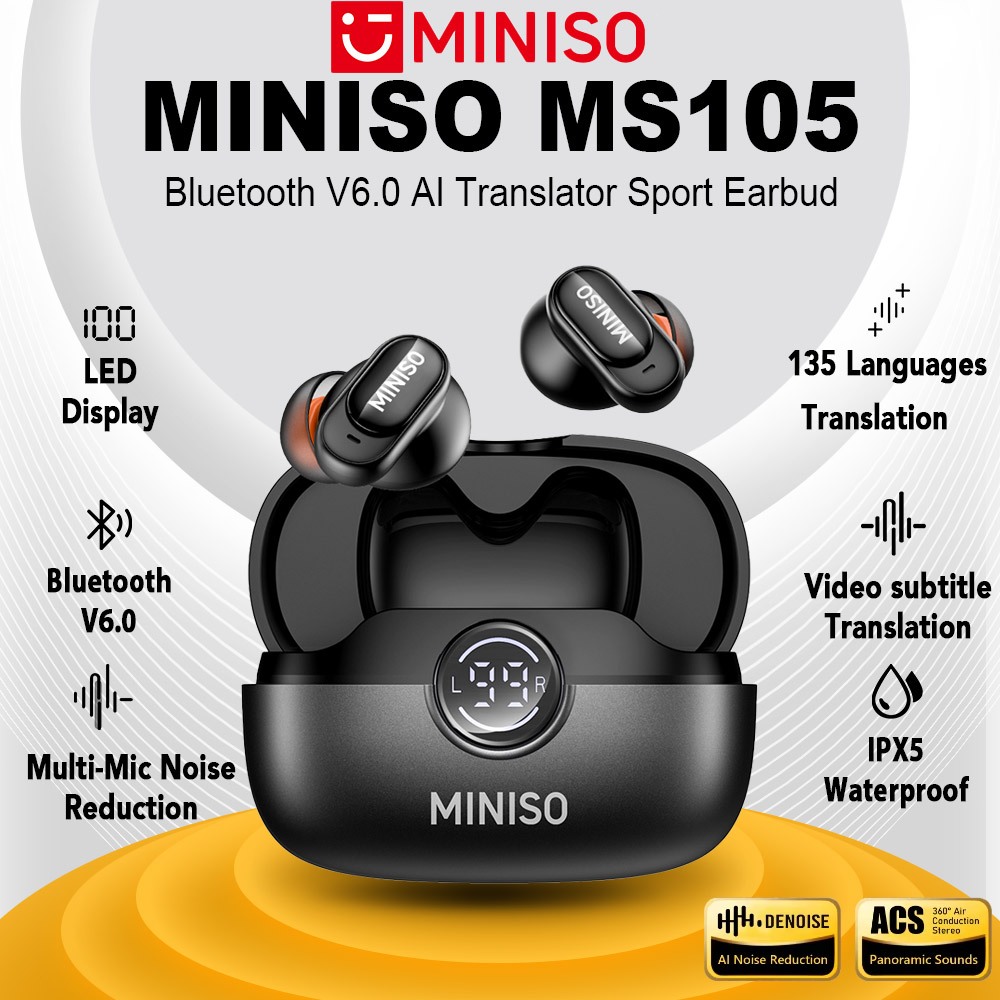 MINISO MS105 AI Translator Earbud Wireless Earphone Bluetooth 6.0 Noise Reduction Earbuds 134 Translation Language LED Display HiFi Music HD Call With Microphone