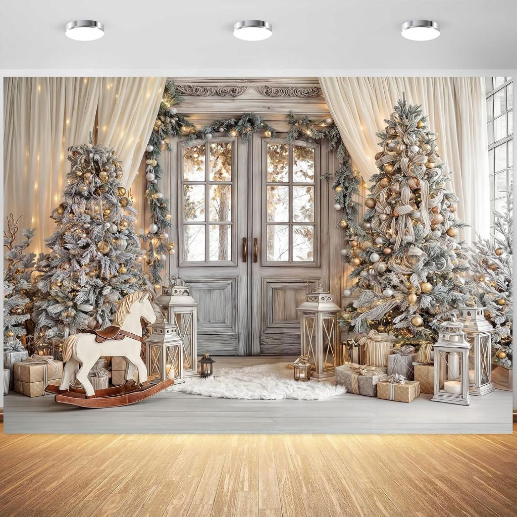 7x5ft Christmas Winter Manor Photography Backdrop White Gold Christmas ...