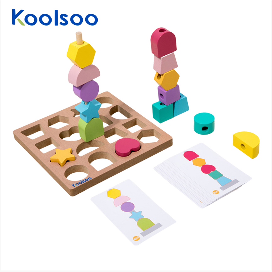 Koolsoo Montessori Wooden Bead Sequencing Toy, Assorted Shape Color ...