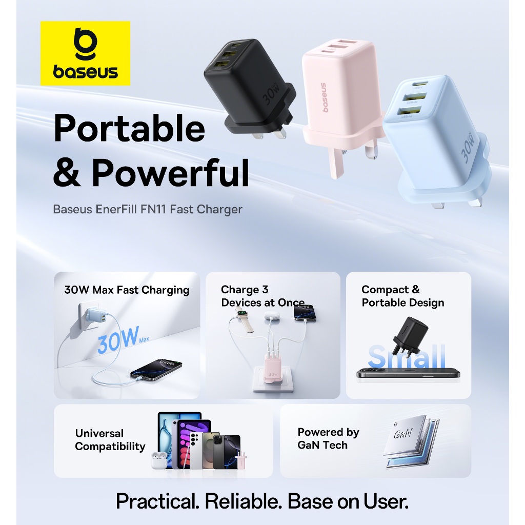【New Arrivals】Baseus EnerFill FN11 Fast Charger GaN USB Type C Charger 30W UK Compact Quick Chargers For iP Samsung