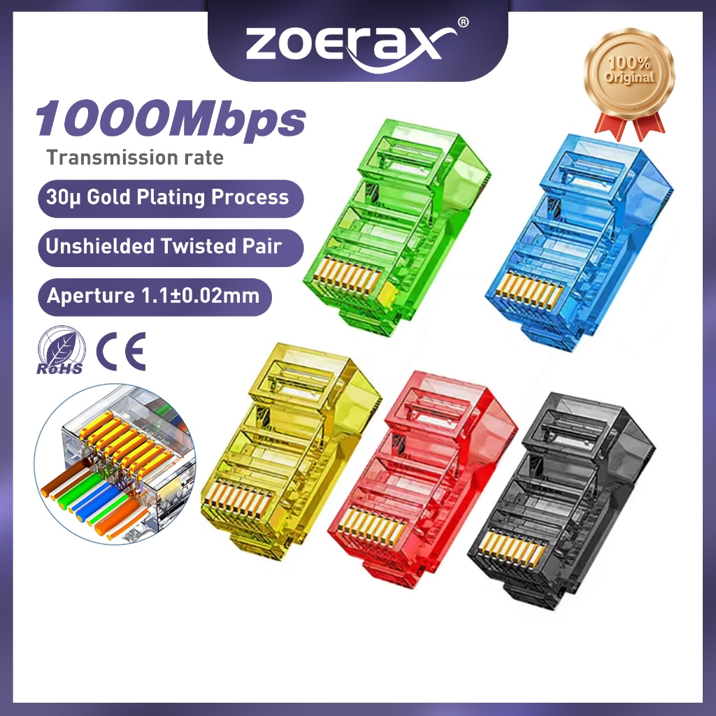 ZoeRax RJ45 Cat6 Cat5E Pass Through Connectors, Assorted Colors, EZ to ...