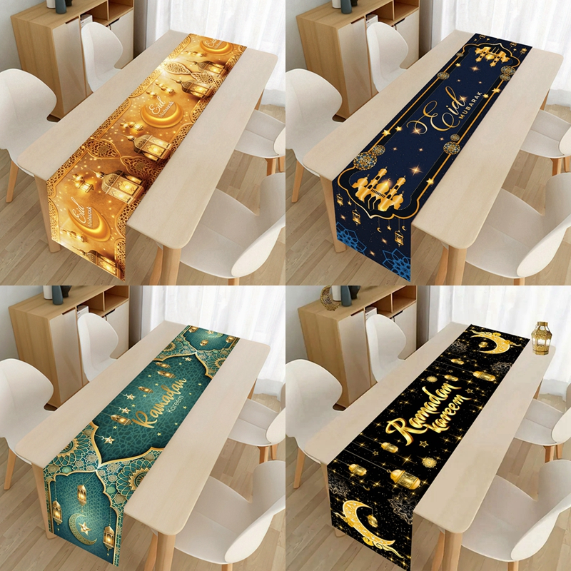 180*35Cm Ramadan Kareem Table Runner Gold Blue Banner Raya Decoration ...