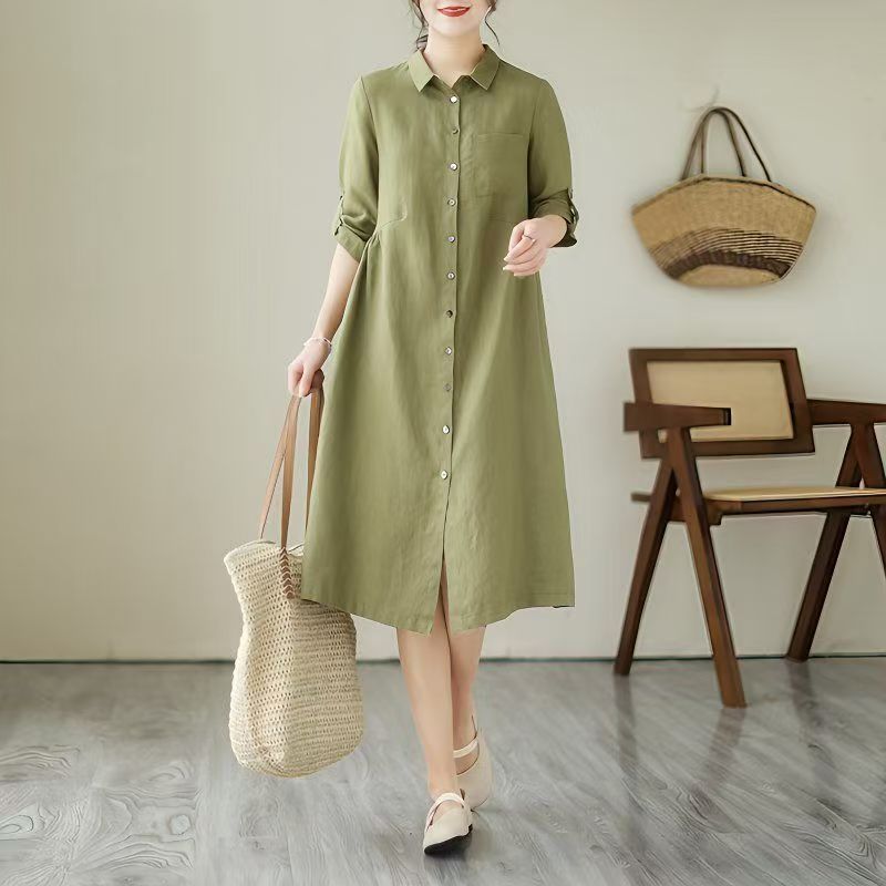 Casual Loose Cotton Linen Dress Korean Style A-Line Midi Dress for Women   | Shopee Malaysia