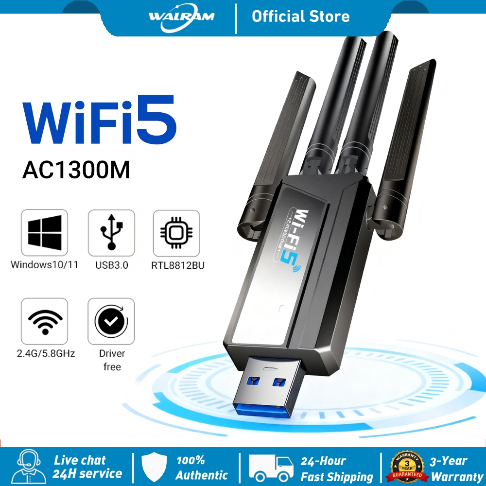 Walram AC1300 Wireless WiFi Adapter USB Dongle Dual-Band 2.4G/5.8GHz ...