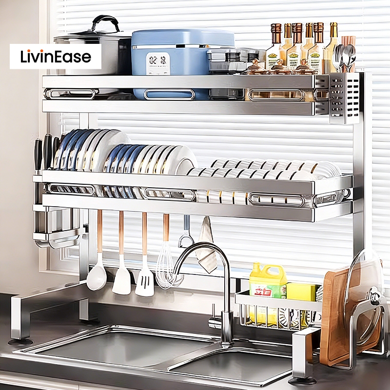 LivinEase 102cm Stainless Steel Kitchen Sink Rack Dish Storage Over ...