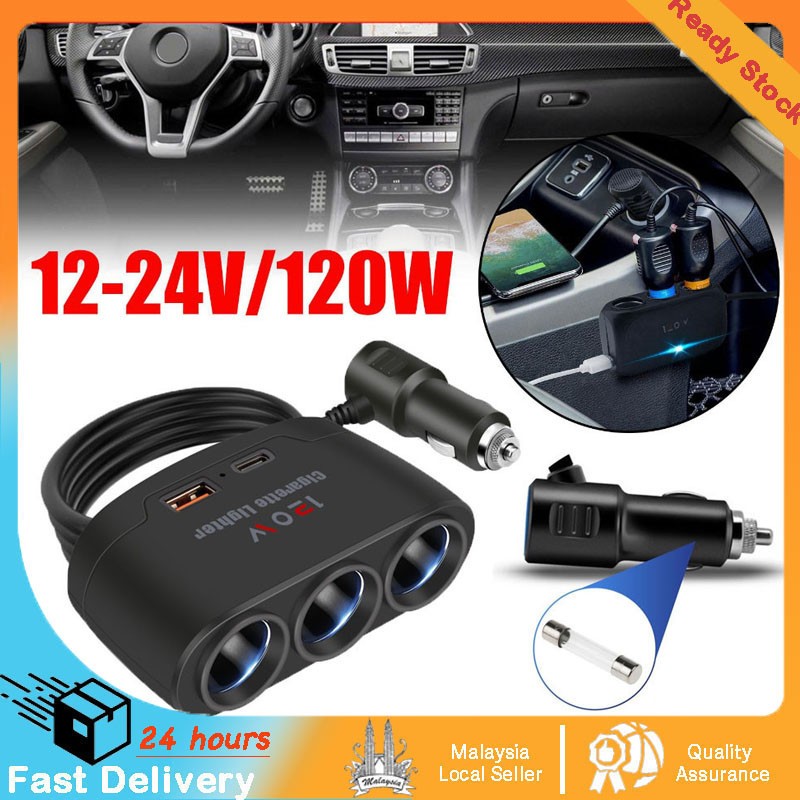 【12h Shipping】5-IN-1 Car Charger Adapter 120W 12V-24V 2 USB port + 3 ...