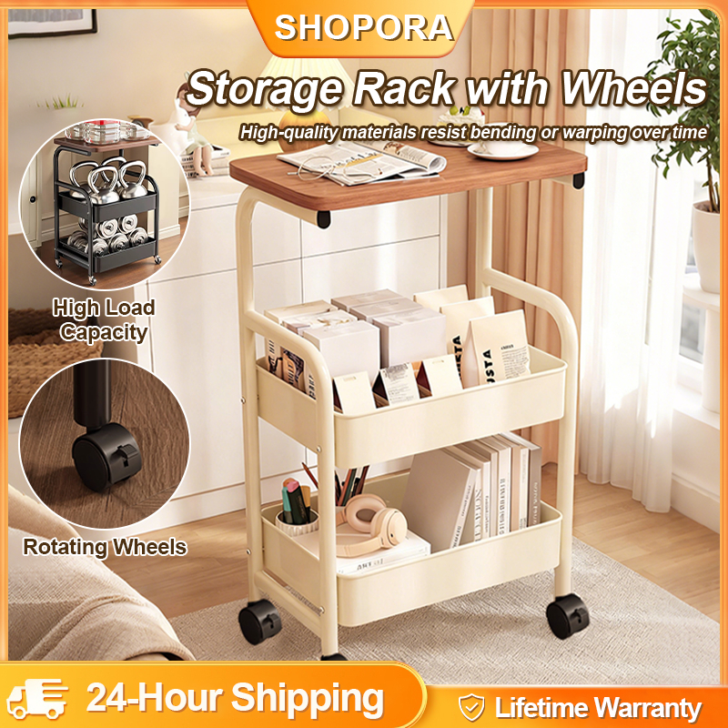 Three-tier multi-functional trolley-style storage rack with desktop ...