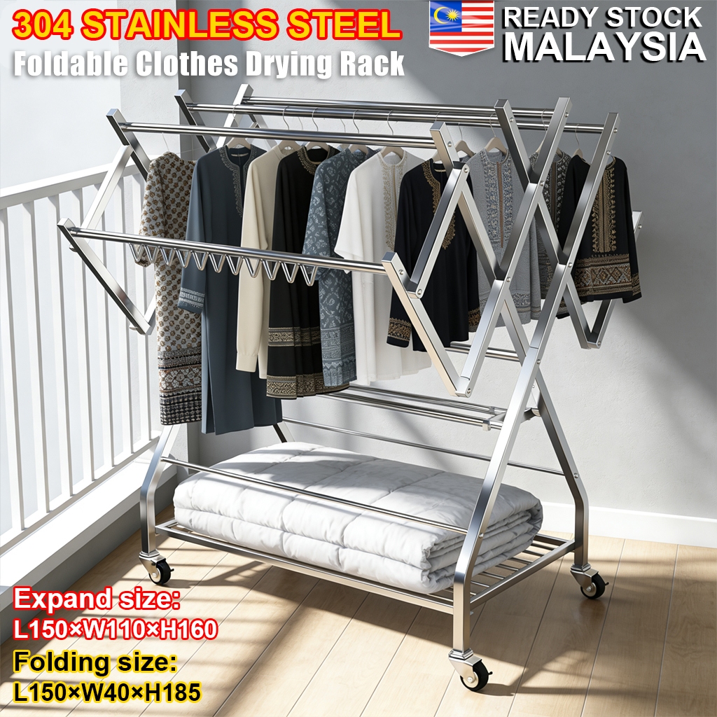 SUS 304 Clothes Drying Rack Foldable Mobility Stainless Steel Clothes ...
