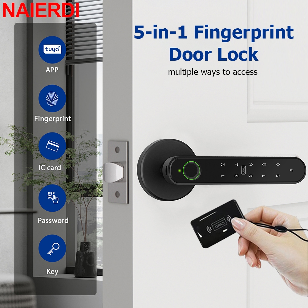 NAIERDI 5-in-1 Smart Fingerprint Door Lock Tuya APP Bluetooth Keypad IC ...