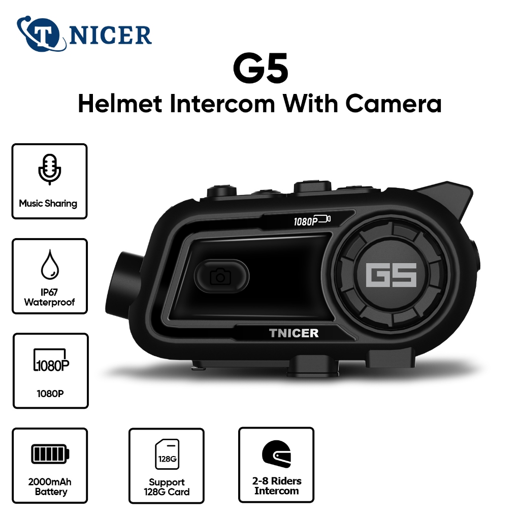 Tnicer G5/G5Pro Helmet Intercom With Camera 1080P/2K 2-Way Intercom ...