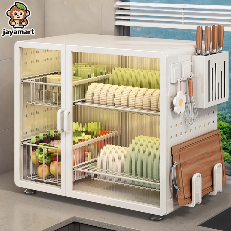 Kitchen Dish Rack with Cover Tray Cabinet Dustproof Dish Drainer Rak ...