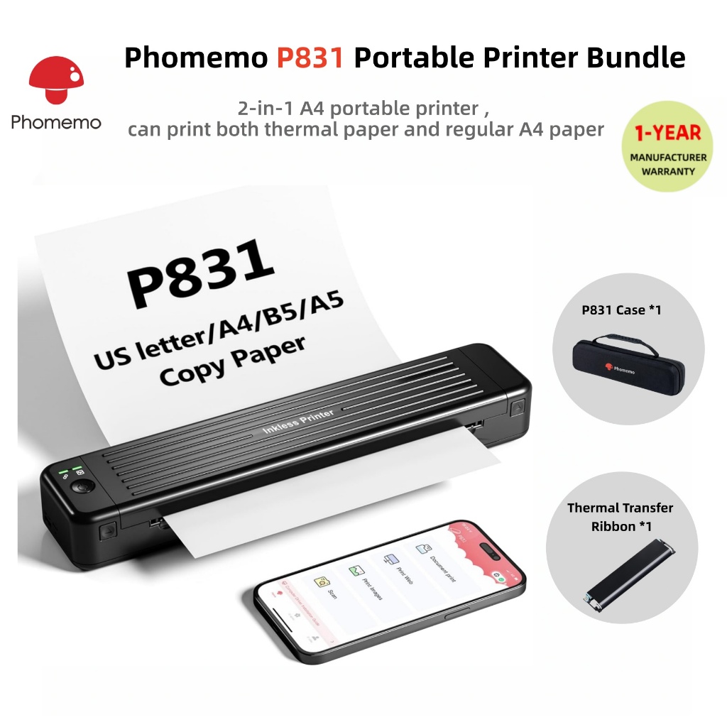 Phomemo P831 Portable 300 DPI Printer Set with Case,2-in-1 Wireless ...