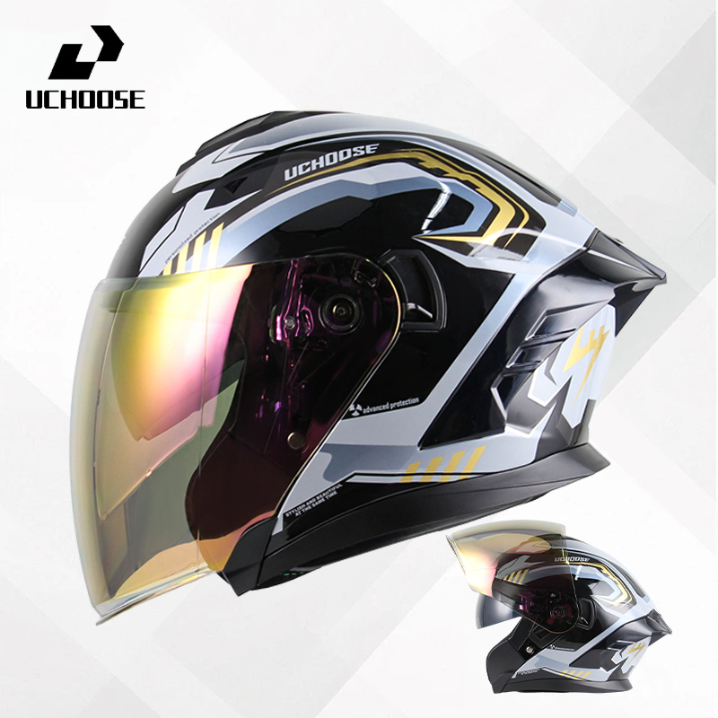 Uchoose Motorcycle Three-Quarter Helmet Large Lens Helmet Double Lens ...