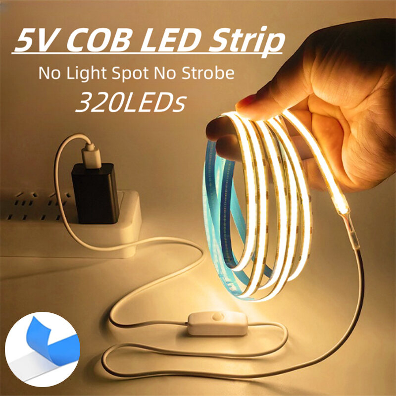 12V COB LED Light Strip 320LED/m Flexible LED Tape with ON OFF Switch ...