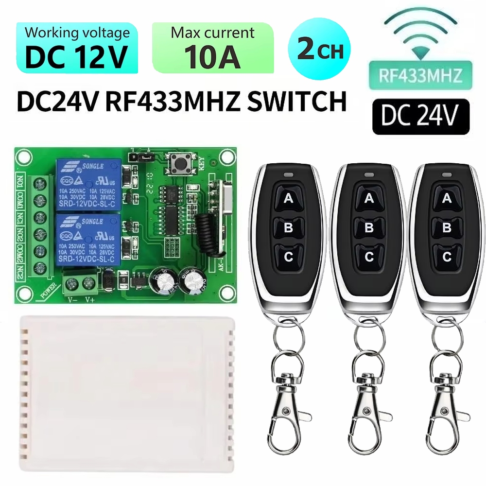 DC 24V 2CH 433Mhz Remote Control Wireless Switch 10A Relay Receiver and ...