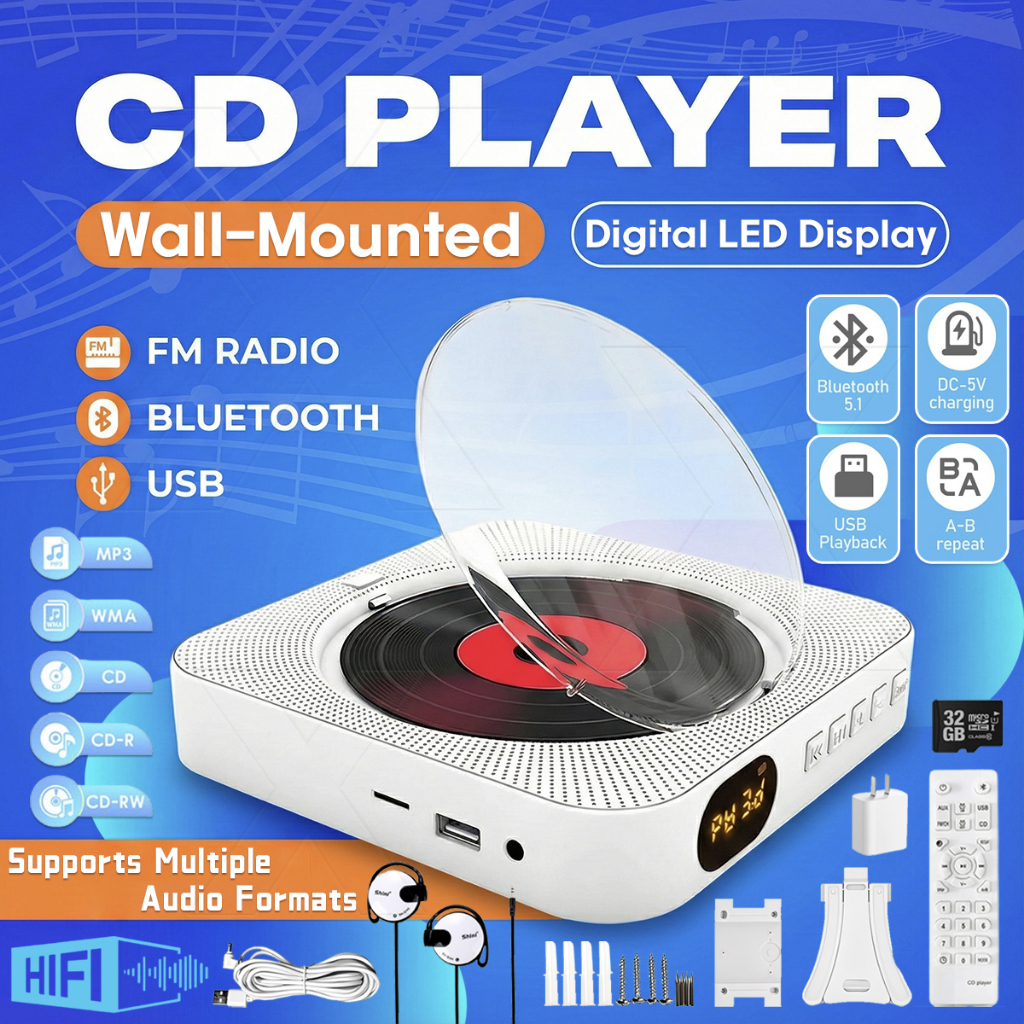 Wall Mounted CD Player With Bluetooth Remote Control USB Drive LED ...