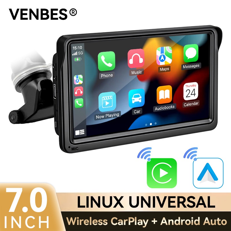 VENBES 7 Inch Wireless CarPlay Android Auto Multimedia Video Player ...
