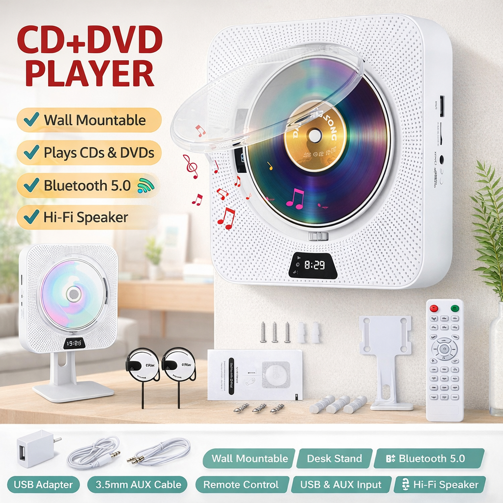 BT Wall Mounted CD Player With Bluetooth Remote Control Stereo FM Radio ...