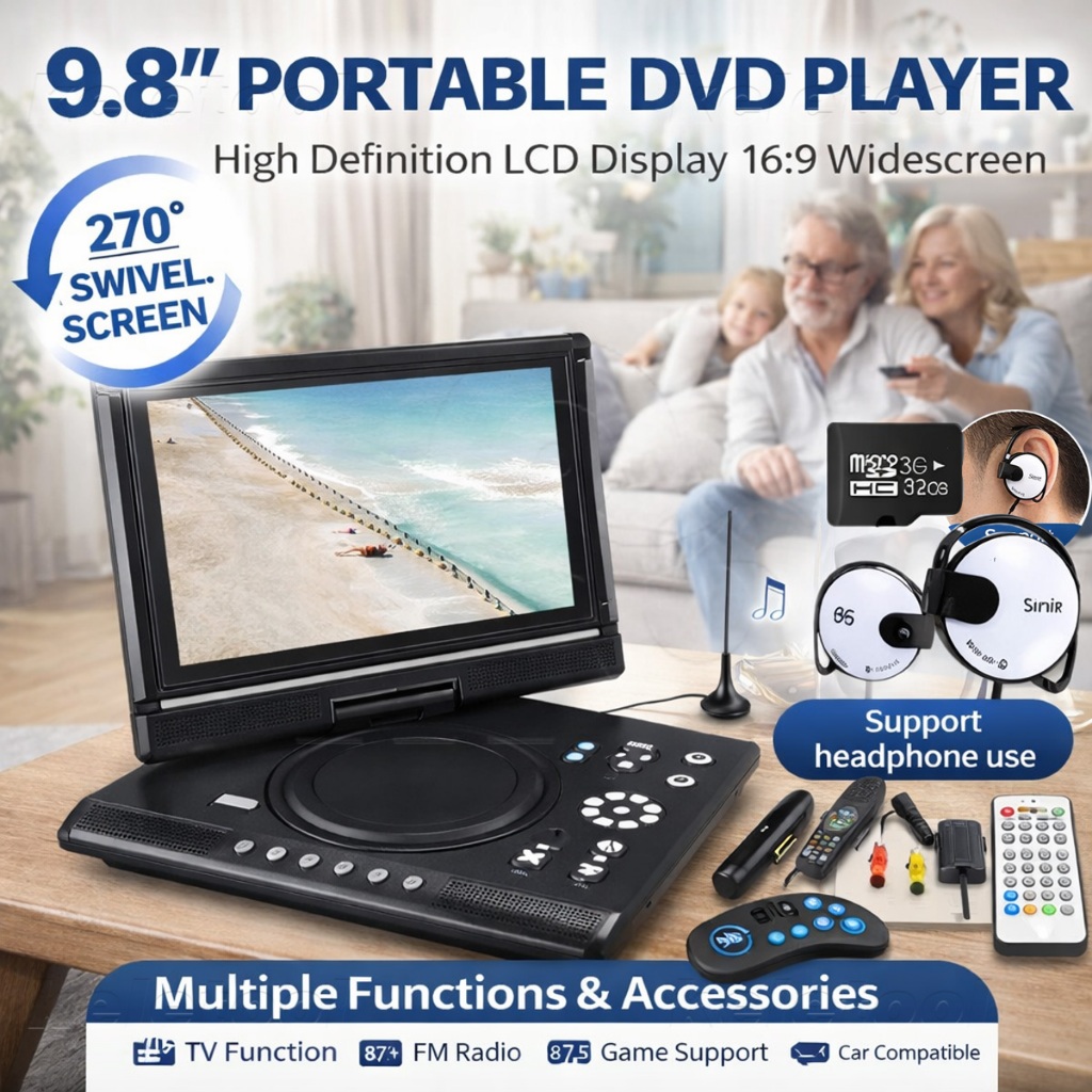 9.8 Inch Portable Home Car DVD Player VCD CD Game TV Player USB Radio ...