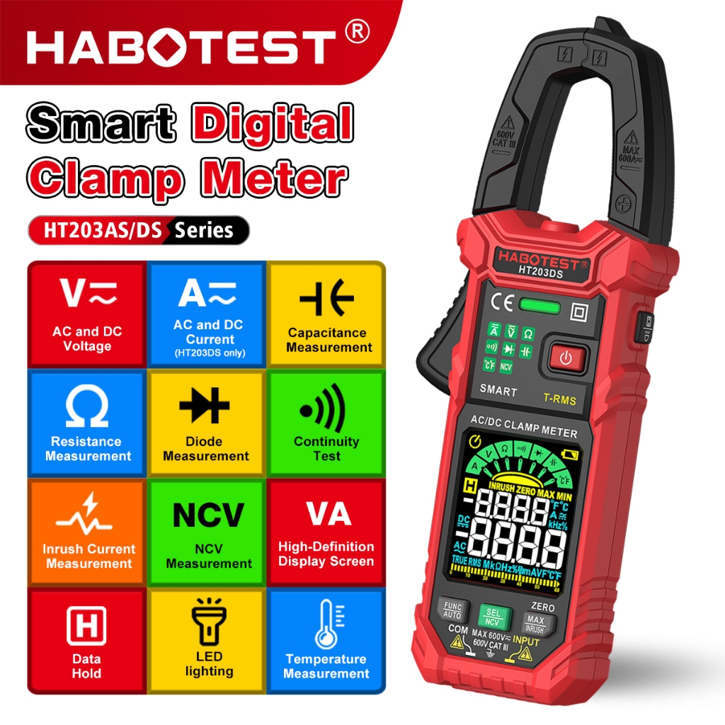 HABOTEST HT203AS/DS Digital Clamp Meter Multimeter AC Current and AC/DC ...