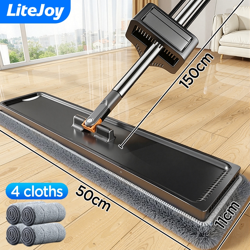 LiteJoy Black Flat Mop with Elastic Scraper 50CM Spin Mop Lantai 360 ...