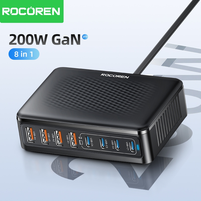 Rocoren Desktop USB Charger Type C 200W Fast Charging Portable Power Station 100W Multi Ports Charger For iPhone Samsung
