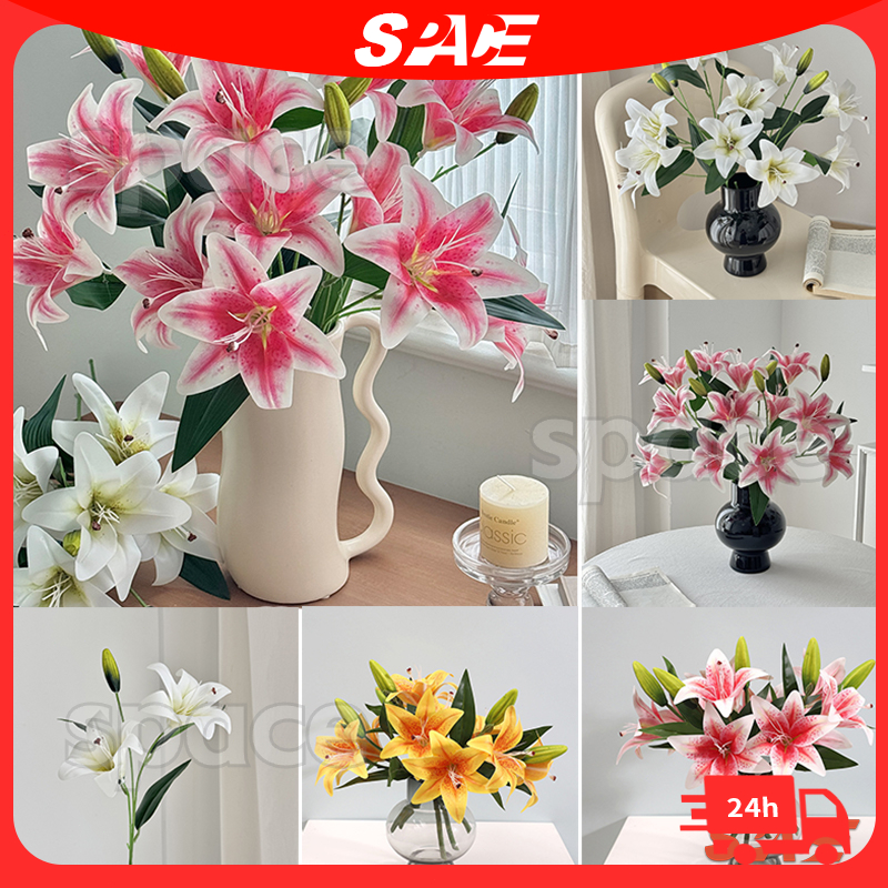 65cm 3 Heads Artificial Lily Flower Bouquet Bunga Hiasan for Home ...