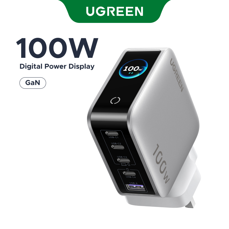 UGREEN 100W GaN 5 Ports Fast Charger TFT Display Screen Charger USB-C*4 + USB-A*1 Compatible with iPhone 17 Pro Max/Laptop/Tablets