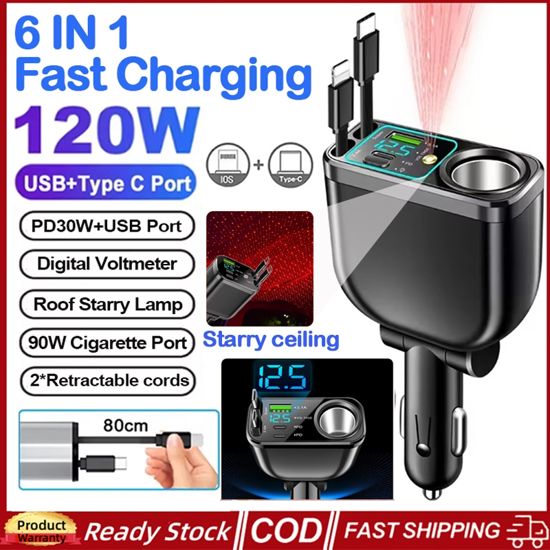 (Local Stock) 120W M15 5 IN 1 Retractable Car Charger with Starry Night ...