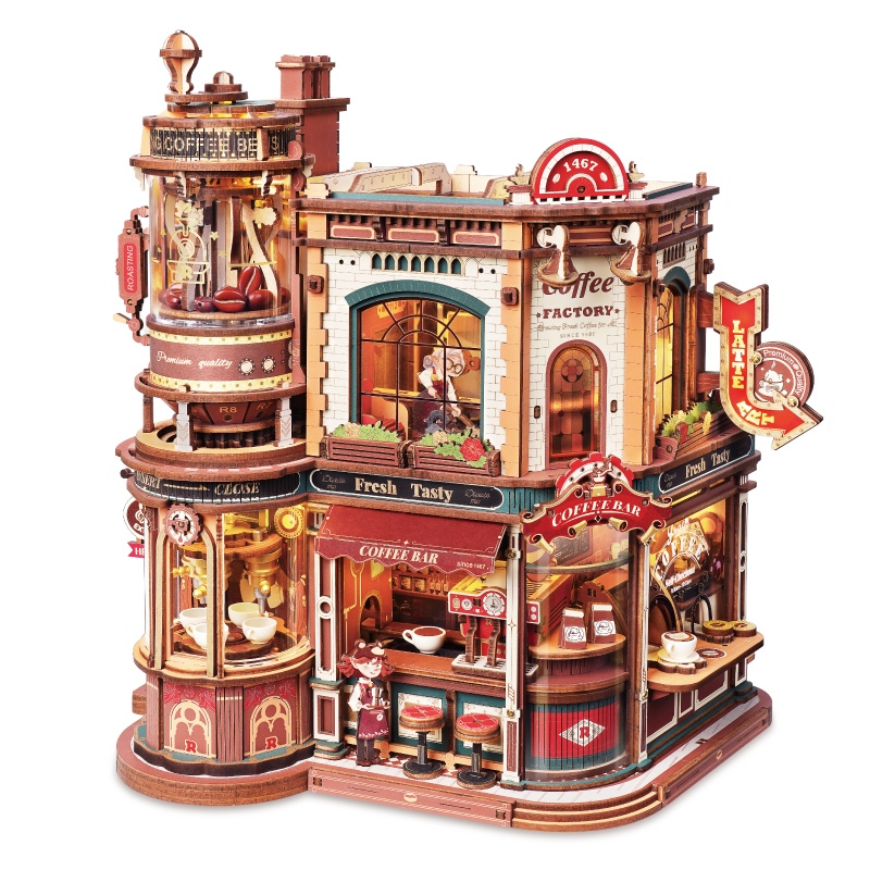 ROBOTIME ROKR Dream Coffee Factory Music Box Wooden 3D Puzzle DIY Music ...